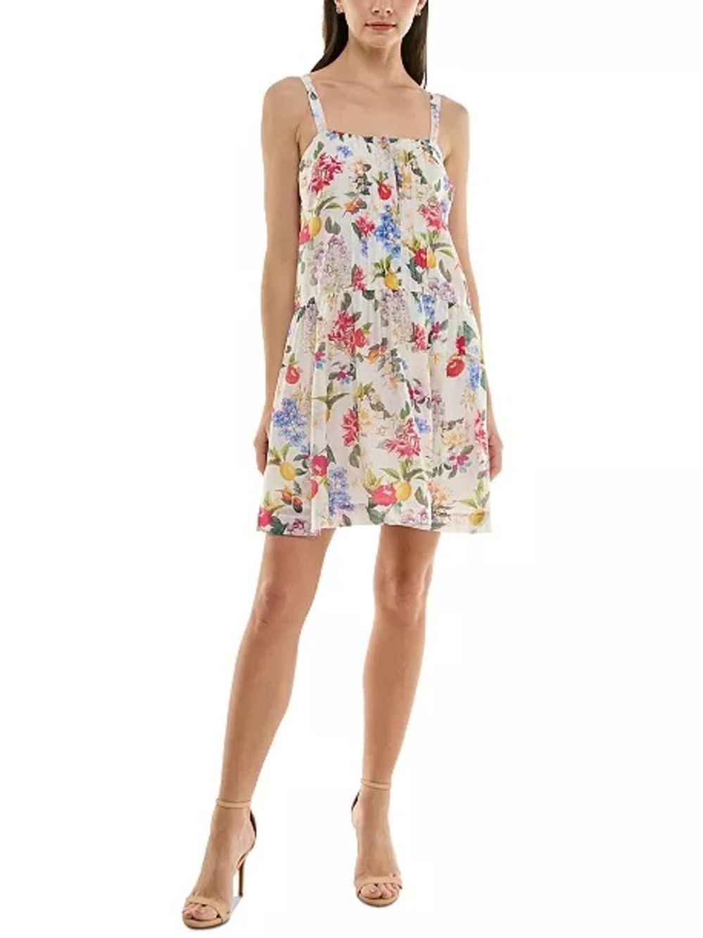 Taylor White Floral Tiered Mini Dress with Pink & Blue Blooms